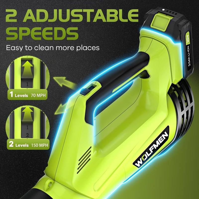 WOLFMEN Leaf Blower, Electric Cordless Leaf Blower with 2 Batteries and Charger, 2 Speed Mode, Lightweight Cordless Blower for Blowing Leaves, Patio Cleaning, Blowers for Lawn Care and Dust - Image 3